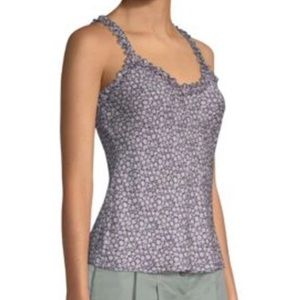 REBECCA TAYLOR 100% Silk Ditzy Floral Ruffle Tank Top XS Navy White Cottagecore